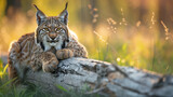 Bobcat lynx cat wildlife animal meadow. The young wild bobcat lynx cat animal uses the log for resting and watching in the open meadow of wildlife