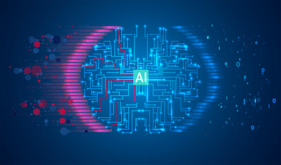 Artificial Intelligence illustration. Artificial intelligence and machine learning concept. Digital computer code. Data transfer concepts in internet.