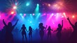 © Noii - Colorful creative vector scene of a night party with silhouettes dancing under multicolor spotlights and fireworks