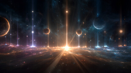 Wall Mural - abstract celestial alignment: glowing planets and cosmic energy in dark space