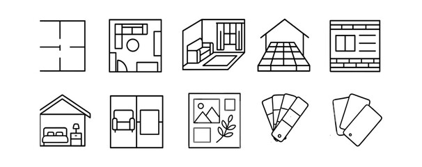 Wall Mural - interior design, home layout outline icon set. floor plans, room design in outline style