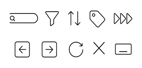 Wall Mural - navigation, interface outline icon set. arrows, search, filter symbols for ui design