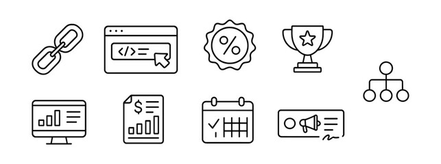 Web development and marketing line icon set. seo, analytics, strategy icons in outline