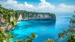 © DesignStateofTheArt - Coastal vista of a dramatic cliff face, lush greenery, turquoise water, and small boats