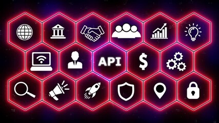 API - Application Programming Interface. Software development tool. Business, modern technology, internet and networking concept. glowing animation. business technology virtual screen background.