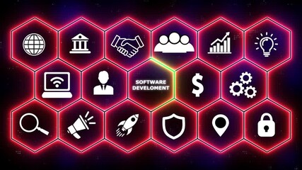 Inscription Software Development on the virtual display. Business, modern technology, internet and networking concept. glowing animation. business technology virtual screen background