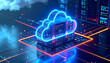 © chok - Futuristic cloud server icon illuminated with neon lights, showcasing advanced technology and digital connectivity