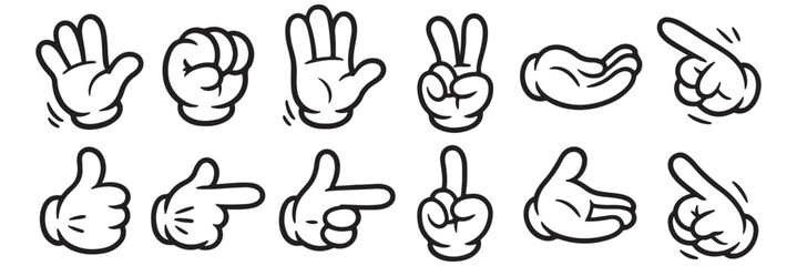 Wall Mural - Cartoon Hands Vector Illustration Set: Expressive White Glove Gestures, Pointing, Waving, Victory Sign, and Cupped Hand Collection for Diverse Design Projects