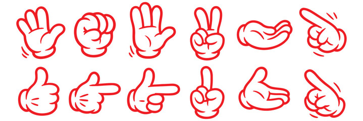 Wall Mural - Cartoon Hands Vector Illustration Set: Expressive White Glove Gestures, Pointing, Waving, Victory Sign, and Cupped Hand Collection for Diverse Design Projects