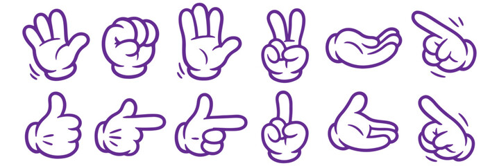 Wall Mural - Cartoon Hands Vector Illustration Set: Expressive White Glove Gestures, Pointing, Waving, Victory Sign, and Cupped Hand Collection for Diverse Design Projects