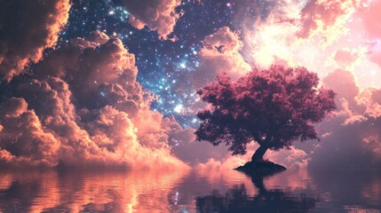 Wall Mural - A single tree stands tall on an island in a fantasy like lake, surrounded by colorful clouds and twinkling stars.