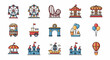 © Ayase - Vibrant flat design icons depicting classic amusement park rides, carnival food stands, and entertainment attractions.
