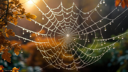 Raindrops on spiderweb in autumn garden, detailed nature shot