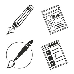 Set of four flat design icons representing creative tools and digital interfaces for graphic design and web development