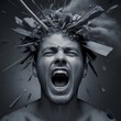 © Sabbir - 'Explosive Anger Concept – Man Screaming as Head Shatters into Flying Debris Representing Rage, Stress, and Mental Breakdown'