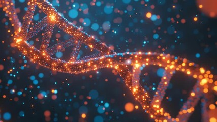 Glowing DNA strand with bright orange and blue particles floating in dark background showcasing genetic science and technology advancements