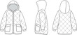 © Shammi's World - Quilted winter jacket technical flat sketch with hood, front side back view, padded coat design, outerwear fashion illustration, vector CAD template for apparel
