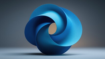 Minimalist blue abstract torus-shaped sculpture with glossy plastic finish on neutral grey background, ideal for modern design concepts in print, web, and presentations