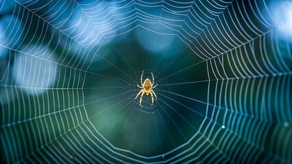 Closeup of spider sitting in the center of web with blurred blue background

