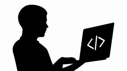 Silhouette of a person using a laptop with code symbols displayed on the screen in black and white style