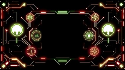 Alien interface pixel frame, glowing glyphs and sci-fi symbols, centered void, vector layout