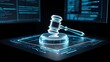 © Farheen  - Holographic Gavel Resting on a Digital Circuit Board Platform, with Glowing Blue Code and Data Streams in the Background, Symbolizing the Integration of Law, Justice, and Governance with Modern Techno