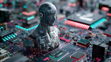 AI concept Artificial Intelligence technology circuit motherboard chip computer design machine deep learning data network analysis futuristic. 3d rendering. Stock Illustration