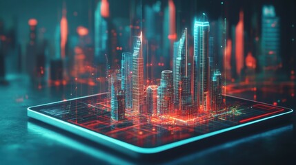 Wall Mural - digital cityscape projection on tablet in dark indoor setting