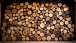 © AbuHamzah - A large stack of chopped firewood logs arranged in a neat pile. Cross-section view showing natural wood grain and texture as a rustic background or sustainable energy source.