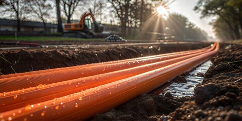 Trenching for Installing Fiber Optic Cables in the Bright Morning Sunlight and Light