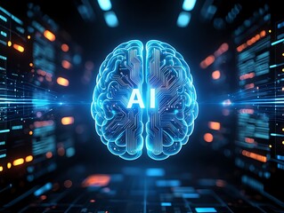 futuristic glowing blue ai brain with digital data streams and circuits in a dark technological envi