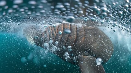 Wall Mural - a walrus diving beneath arctic ice, with air bubbles rising and the surface shimmering above