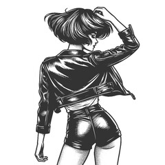 Wall Mural - woman in short leather jacket and tight shorts poses with attitude sketch engraving generative ai fi