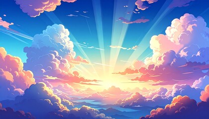 Wall Mural - a beautiful summer landscape where the sun's light touches the clear blue sky, white clouds, and the