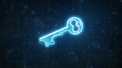 A glowing blue digital key icon made of particles against a dark, binary code background, symbolizing technology and security