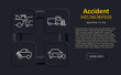 © Anastasia - Accident set icon. Car crash, truck with cone, broken car with wrench, idle car emitting smoke, linear white outline, digital neumorphic rounded square icons.