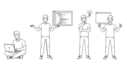 Illustration of the software development lifecycle. A programmer coding, debugging, getting an idea, and finding a solution.