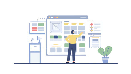 Illustration of a man interacting with a large web design interface in a creative office space