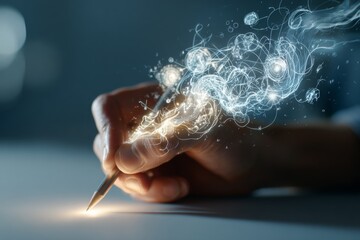 Wall Mural - an artist’s hand sketches glowing lines in mid-air, creating a luminous 3d design with strokes of mo