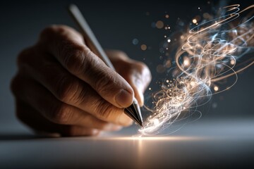 Wall Mural - an artist’s hand sketches glowing lines in mid-air, creating a luminous 3d design with strokes of mo