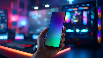 Hand Holding a Modern Smartphone with a Blank Screen in a Vibrant Illuminated Tech Space