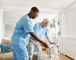 © Lumos sp - Doctor or nurse caregiver with senior man using walker assistanece  at home or nursing home