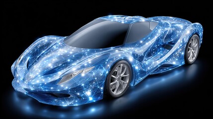 Wall Mural - digital rendering of a futuristic sports car, illuminated with glowing blue circuitry on black