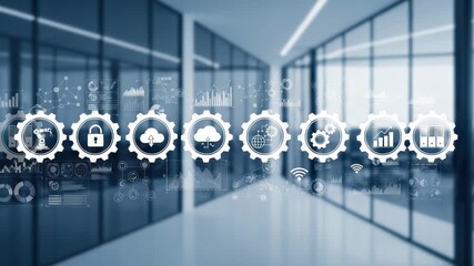 A modern office interior showcases a digital interface with interconnected gears representing various business and technology concepts like cloud computing, automation, and data analysis