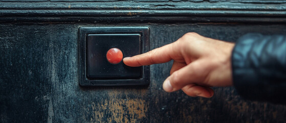 Wall Mural - hand presses the red button, useful for safety articles and instructions.