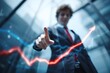 © YiXiong - Businessman in suit touching digital stock graph with upward trend arrow.