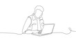 © aglayax - Continuous line vector of a man working with a laptop at a desk. Minimal design for concepts of freelance work, remote office, digital job, productivity, technology, and modern professional lifestyle.