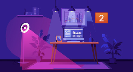 Modern dark office interior with data analytics dashboard on screen and ring light for streaming. Vector illustration concept.