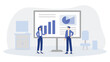 © Faran Arts - Business presentation with bar chart and pie chart on screen with two people in a meeting room setting