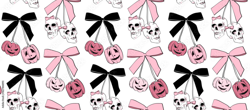 Seamless Halloween pattern with pumpkins and skulls tied with bows ...